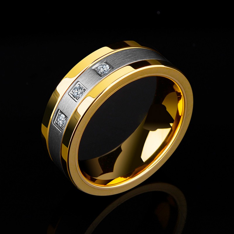 Tungsten Men's Ring Silvery and Gold Cubic Zirconia 18K Gold Plating ...