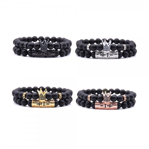Frosted Stone Crown-Shaped Inlaid Zircon Elastic Two Bracelets