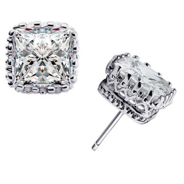 Shinning S925 Sterling Silver Crown Hollowed Square Cubic Zirconia Stud Earrings