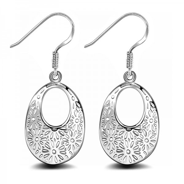 Fancy Hollowed Patterns Silver Plated Oval Earrings
