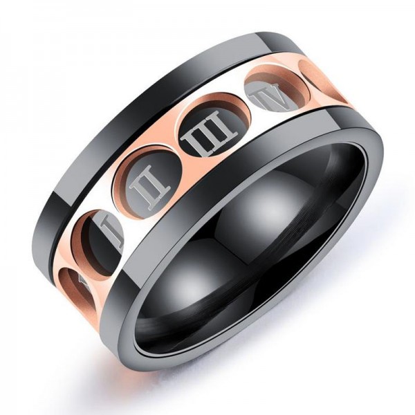 Titanium Rose Gold and Black Ring For Men Simple and Fashion Rome Numerals Rotatable Design