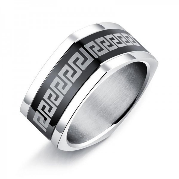 Titanium Black Ring For Men The Great Wall Pattern Square Style Unique and Fashion Plating Black and Polish Craft