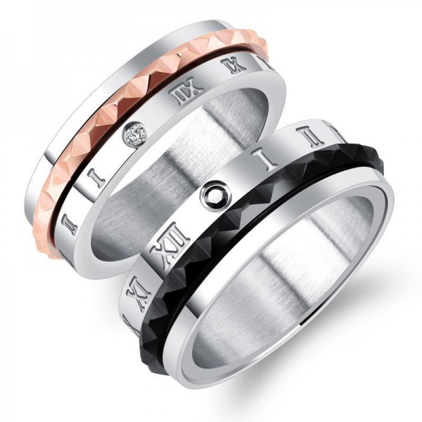 Titanium Silvery Ring For Men Plating Rose Gold and Black Rome Numerals Pattern Inlaid Cubic Zirconia Fashion and Personality