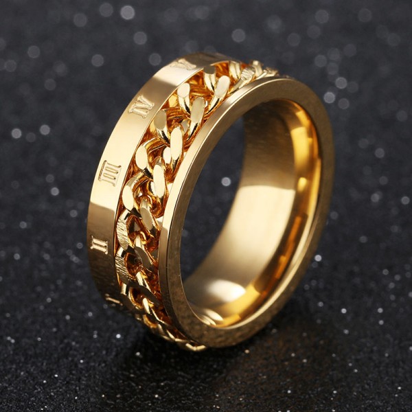 Titanium Silvery Black and Gold Ring For Men Chain Design Rome Numerals ...