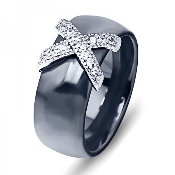 Black And White Ceramic Titanium Steel Couples Ring Micro-Inlay Cubic Zirconia Wear-Resistant Rings