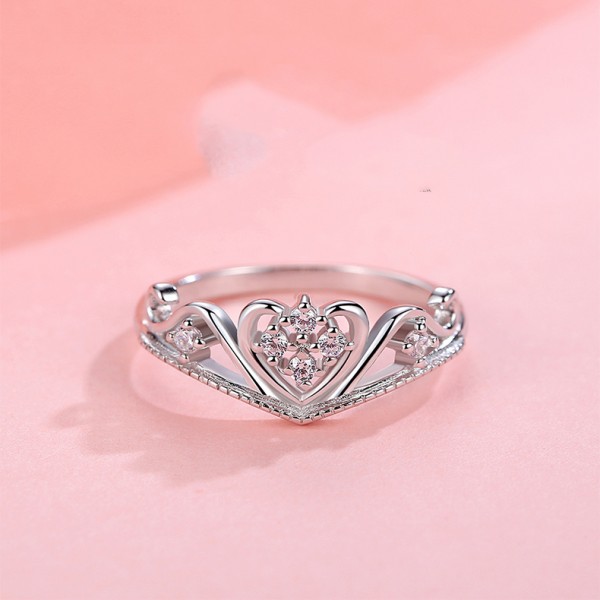 925 Sterling Silver Ring For Women Heart-shaped and Crown Design Inlaid Cubic Zirconia Polish Craft Simple and Fashion