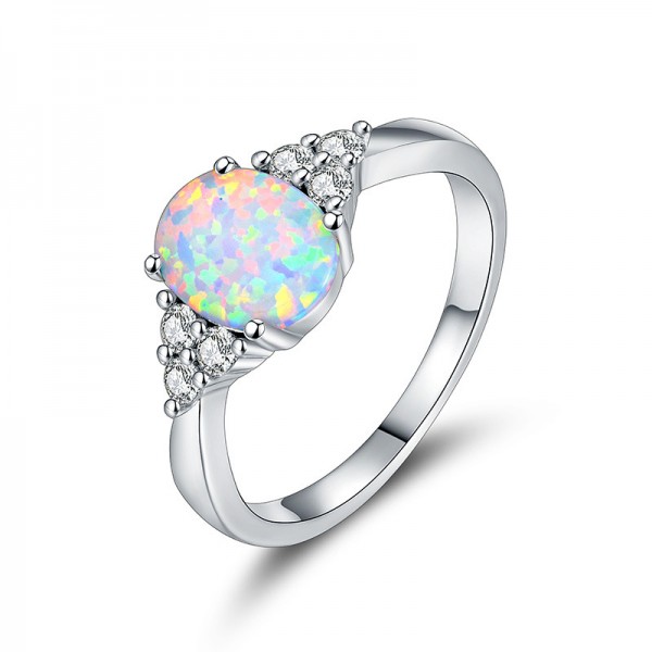 Oval Simple Opal Ring White Gold Plated Engagement Ring