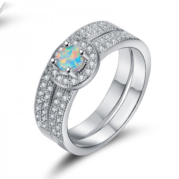 Wide Ring Combination Opal Inlaid Zircon Ring