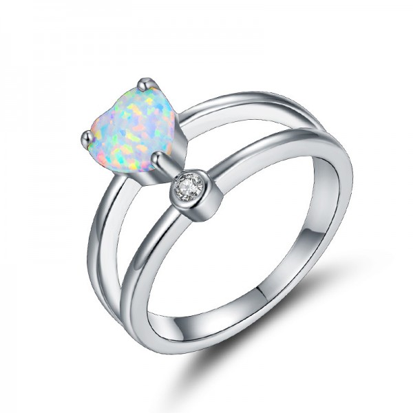 White Gold-Plated Heart Shaped Opal Ring With Cz Promise Ring