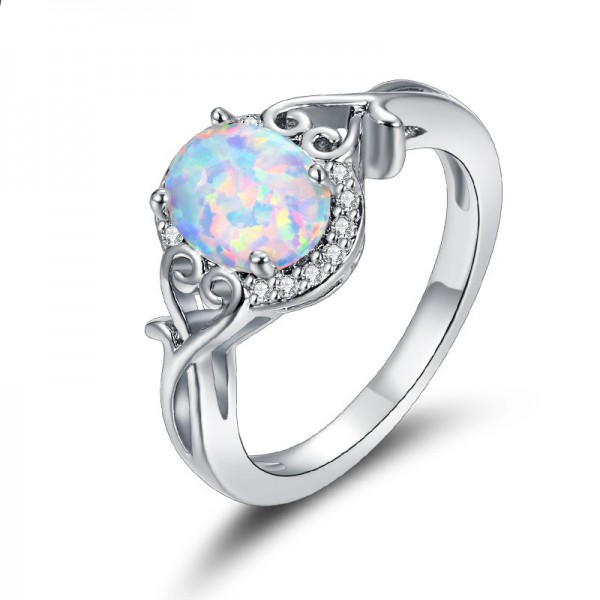 Oval-Shaped Court Style Inlaid Zircon Opal Engagement Ring