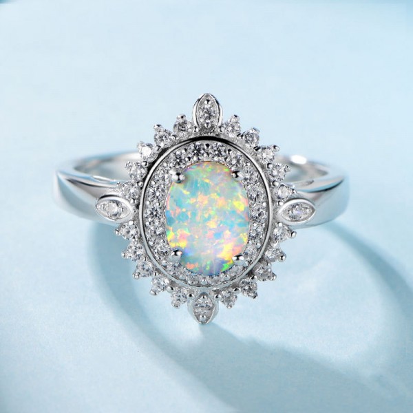 925 Sterling Silver Ring For Women Inlaid Cubic Zirconia and Opal Round Design Luxury and Liberality