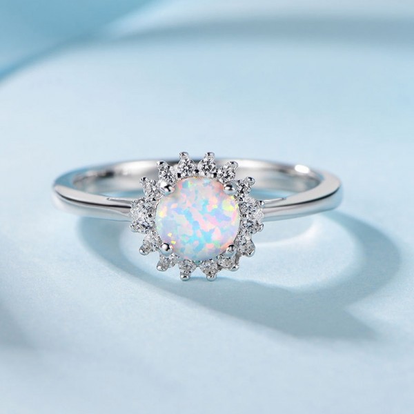 Classic Round Opal Sterling Silver Engagement Ring