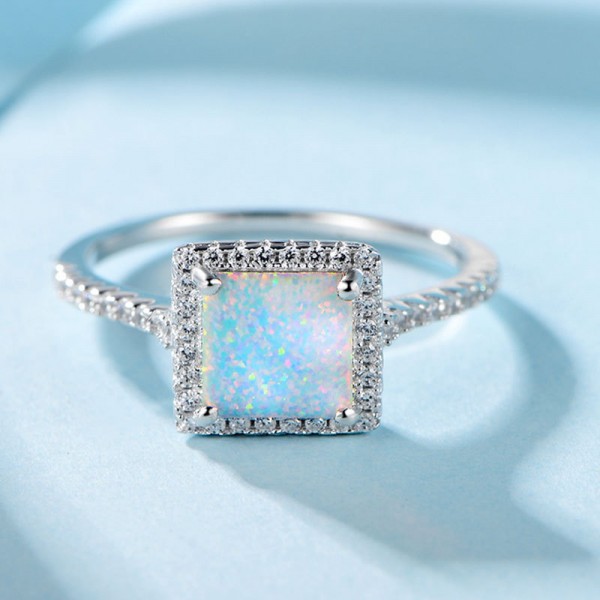 925 Sterling Silver Ring For Women Inlaid Cubic Zirconia and Opal Square Design Luxury and Fashion Polish Craft
