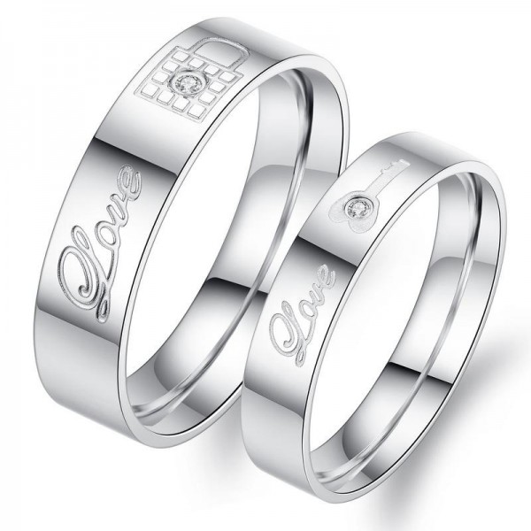 Titanium Silvery Ring For Couples Lock and Key Pattern Love Engraved Inlaid Cubic Zirconia
