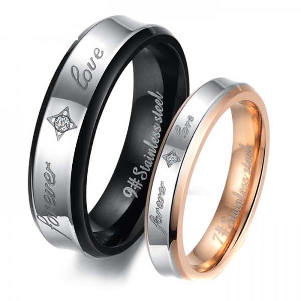Titanium Silvery Ring For Couples Forever Love Engraved Plating Black and Rose Gold Inlaid Cubic Zirconia Elegant and Fashion