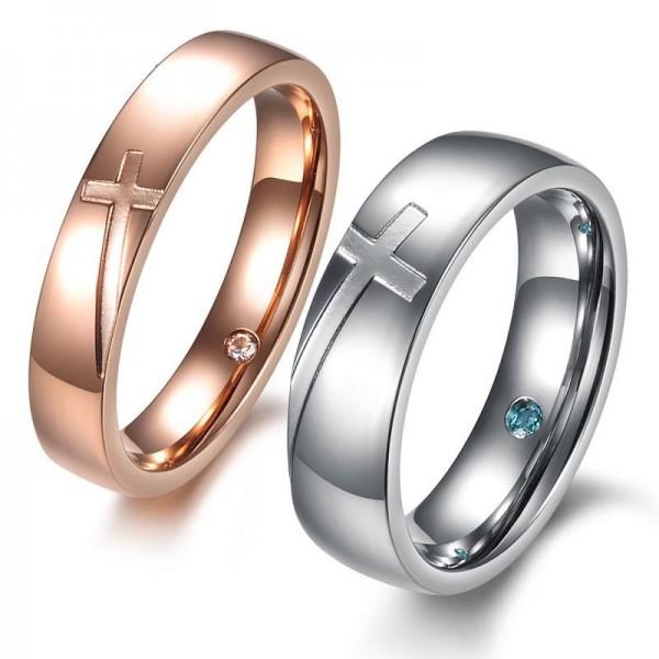 Titanium Silvery and Rose Gold Ring For Couples Inlaid Cubic Zirconia Cross Pattern Simple and Fashion Style