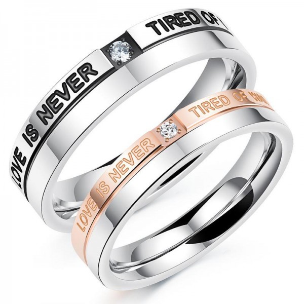 Titanium Silvery Ring For Couples Inlaid Cubic Zirconia Plating Black and Rose Gold Love Is Never Tired of Waiting Engraved Simple and Fashion