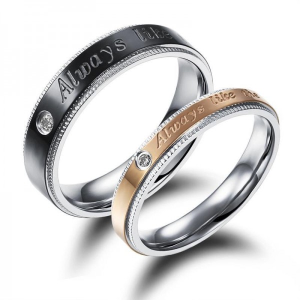 Fashion "Always Like" Rhinestone Carving Edge Design Titanium Black and Rose Gold Ring For Couples Inlaid Cubic Zirconia