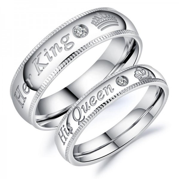 Titanium Silvery Ring For Couples Inlaid Cubic Zirconia Her King and His Queen Engraved Simple and Sweet