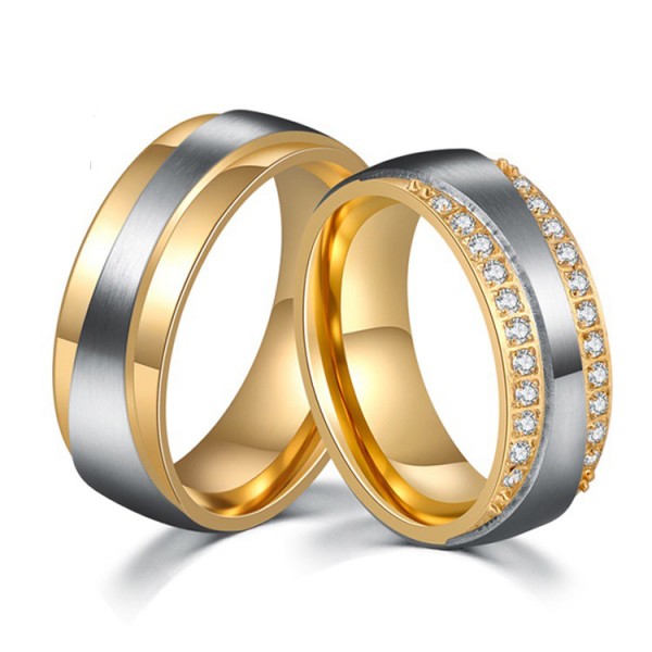 Titanium Silvery and Golden Ring For Couples Decent and Luxury Style Inlaid Cubic Zirconia
