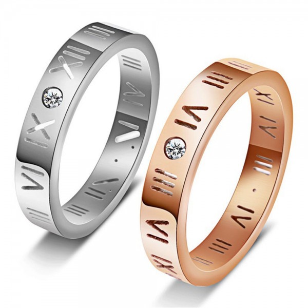Titanium Silvery and Rose Gold Ring For Couples Rome Numeral Design Retro and Fashion Inlaid Cubic Zirconia