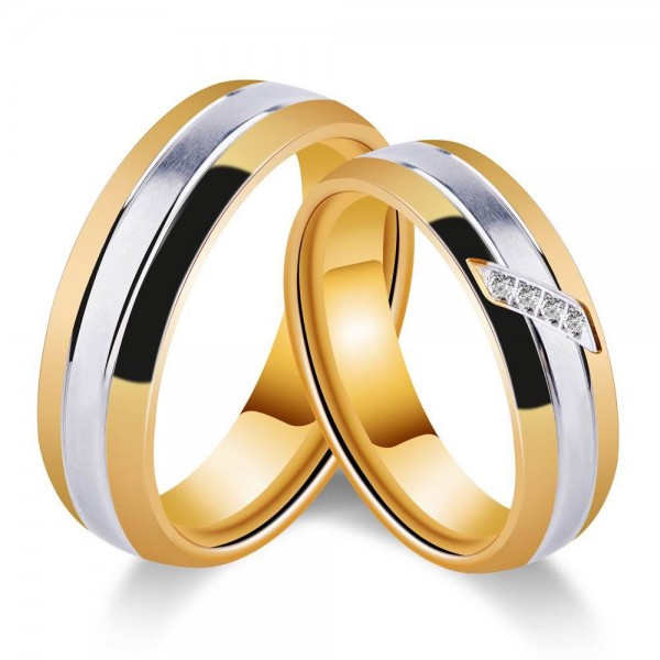 Titanium Silvery and Gold Ring For Couples Inlaid Cubic Zirconia Fluted Craft Simple and Fashion Style Smooth Inner Arc