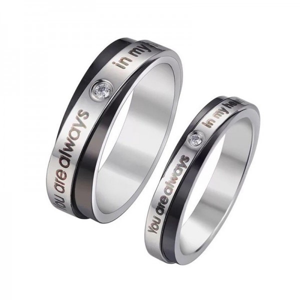 Titanium Black and Silvery Ring For Couples Inlaid Cubic Zirconia You Are Always In My Mind Engraved Simple and Fashion