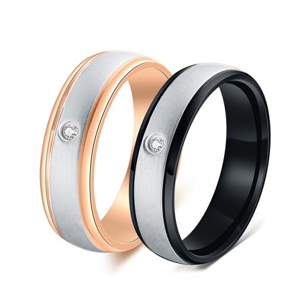 Titanium Silvery Ring For Couples Plating Black and Rose Gold Inlaid Cubic Zirconia Exquisite and Fashion Brushed Craft