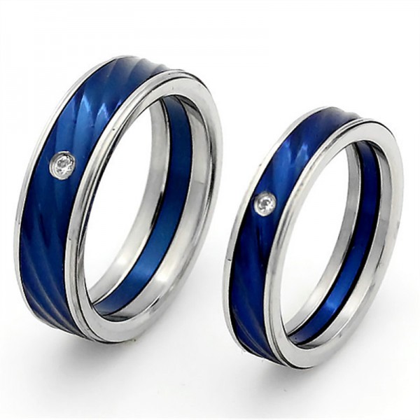 Titanium Blue Ring For Couples Waving Design Inlaid Cubic Zirconia Simple and Fashion Polish and Electroplating Craft