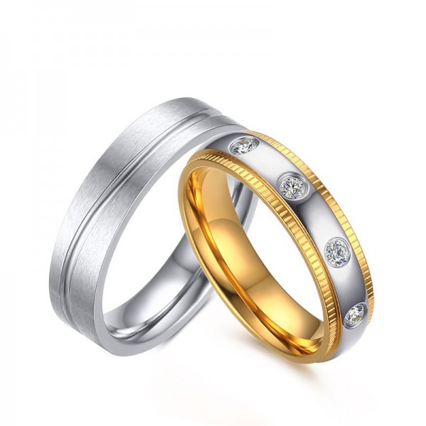 Titanium Silvery Ring For Couples Exquisite and Liberality Inlaid Cubic Zirconia Goldplating and Brushed Craft