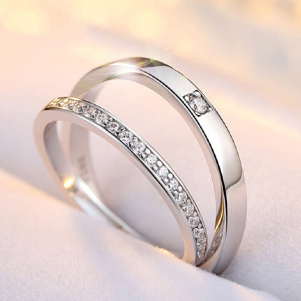S925 Sterling Silver Inlaid Cubic Zirconia Original Design Engraved Couple Rings