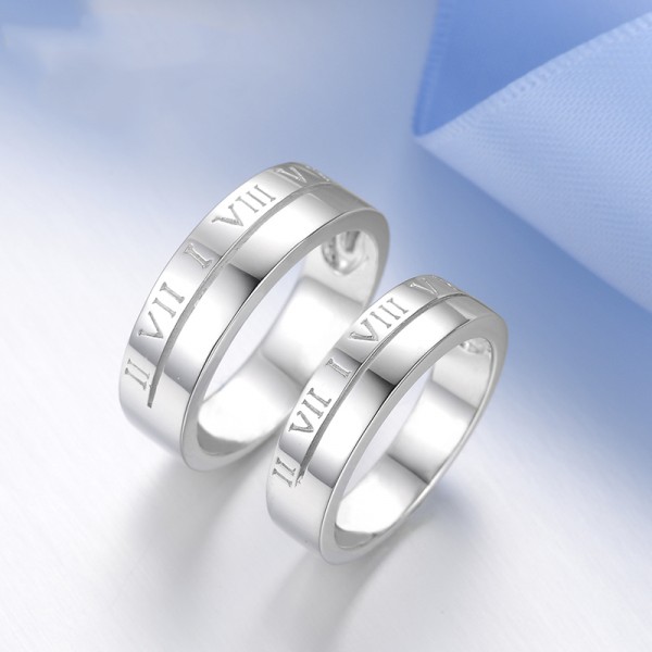 Roman Numerals Engraved S925 Sterling Silver Rings For Couples Fluted Craft