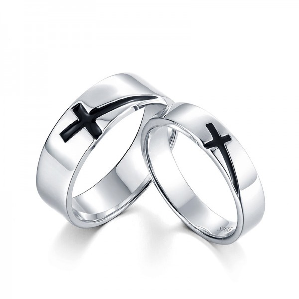 Cross Design Engraved S925 Sterling Silver Rings For Couples