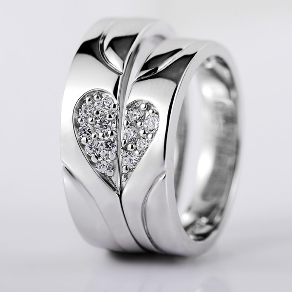 Heart-Shaped Puzzle S925 Sterling Silver Inlaid Cubic Zirconia Creative Couple Rings