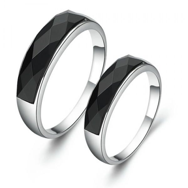 S925 Sterling Silver Black Agate Rings For Couples Simple and Elegant Cutting Surface