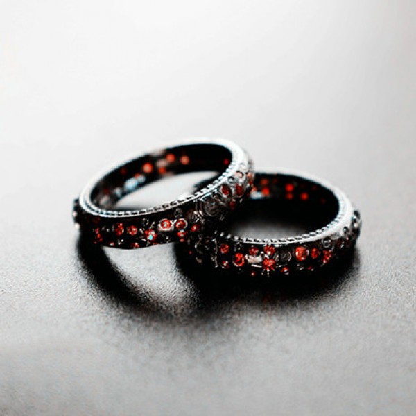 Original Sterling Silver Oxidized Black Rings With Ruby & Garnet For Couples