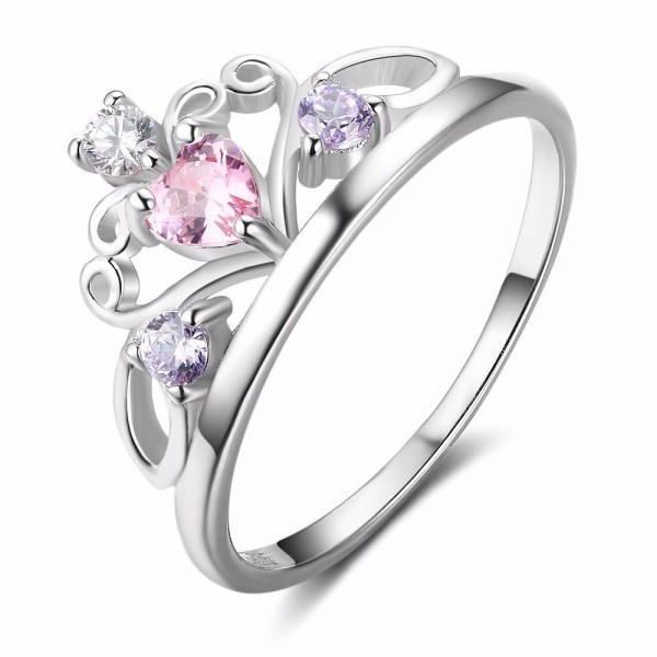 S925 Silver Lovely Lady Pink Princess Crown Ring