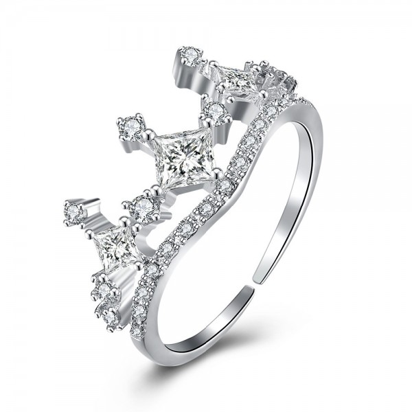S925 Sterling Silver Open Ring Crown Diamond Ring
