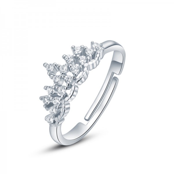 S925 Silver Ring WoMen's Elegant Crown Diamond Open Adjustable Ring
