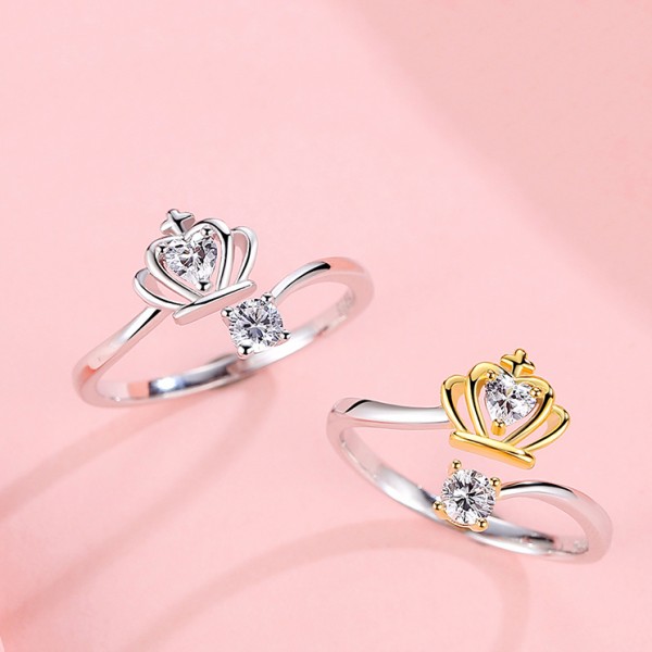 Crown Ring Female Silver Open Heart-Shaped Ring Diamond Tail Ring