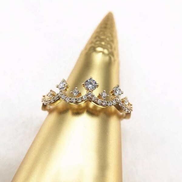 Full Hand-Made Gorgeous Retro Sterling Silver Plated 14K Gold Crown Cz Ring