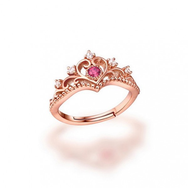 Cute Elegant Princess Crown 925 Silver Rose Gold Plated Tourmaline Open Ring