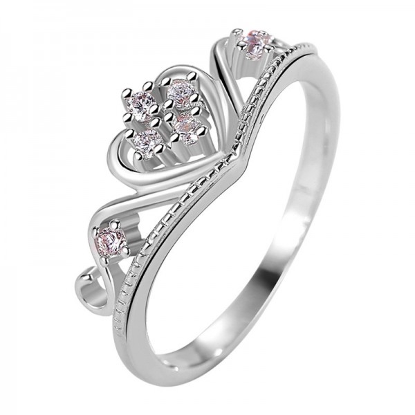 S925 Silver Heart Crown Zirconia Rings 18K White Gold Plated