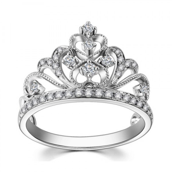 S925 Sterling Silver Vintage Princess Crown Rings 18K White Gold Plated Diamond Heart-Shaped Wedding Rings