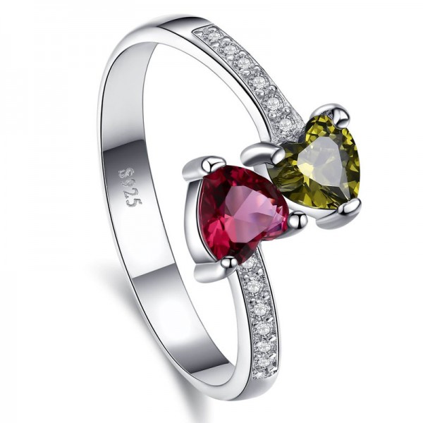Sterling Silver Gold Plated Heart Cubic Zirconia Fuchsia Peridot Sliver Rings