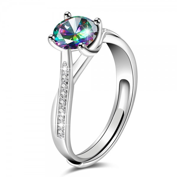 Sterling Silver Gold Plated Round Cubic Zirconia Rainbow Topaz Sliver Open Rings
