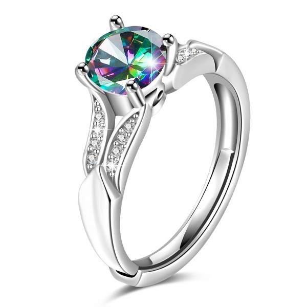 S925 Sterling Silver Gold Plated Round Cubic Zirconia Rainbow Topaz Sliver Open Rings