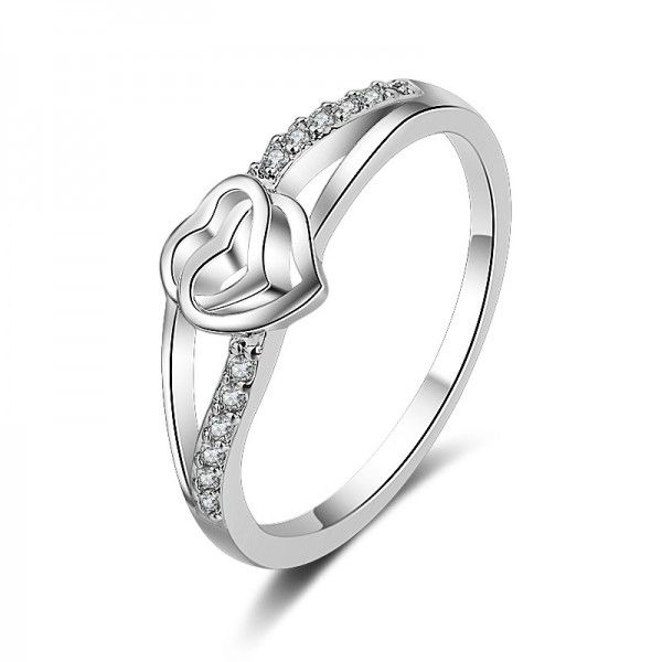 Simple Sterling Silver Gold Plated Round Cubic Zirconia White Sapphire Sliver Heart Rings