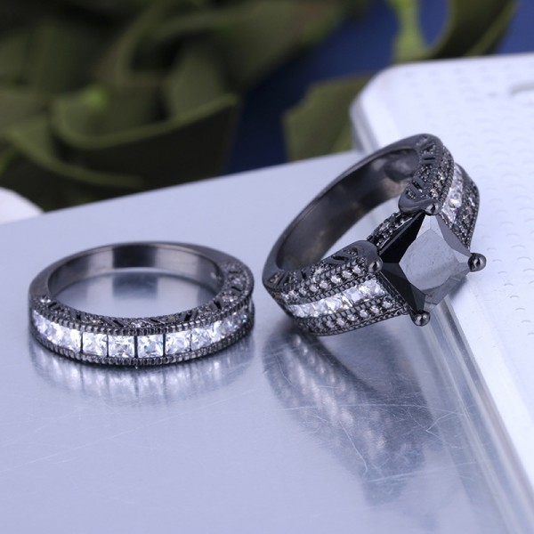 S925 Black Cubic Zirconia Promise Wedding Rings Sets - Urcoco.com