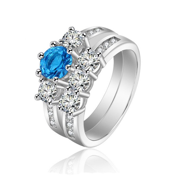 Blue Round Aquamarine Cubic Zirconia S925 Sterling Silver Rings